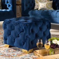 Baxton Studio TSFOT029-Dark Royal Blue/Gold-Otto Avara Glam and Luxe Royal Blue Velvet Fabric Upholstered Gold Finished Button Tufted Ottoman